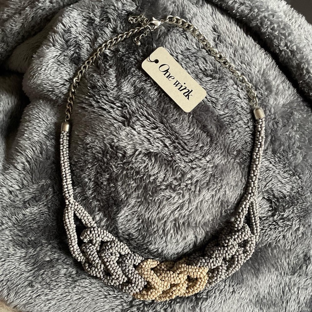 One Wink tan and grey beaded necklace